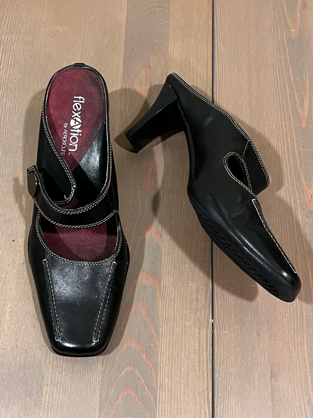 Y2K Vintage Aerosoles Susie Mule Heels Size 8 Black Leather Slip On Square Toe